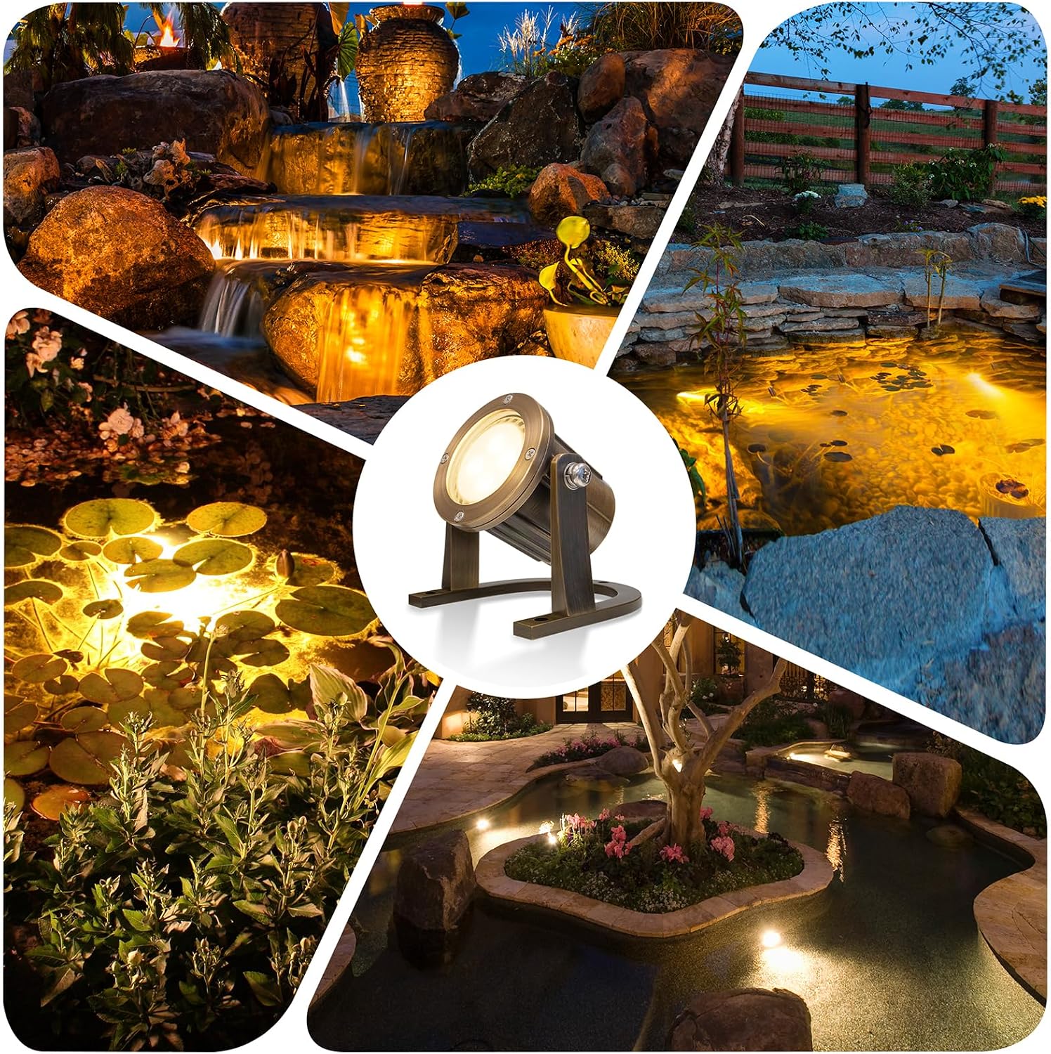 GKOLED Solid Brass Underwater Light, Low Voltage LED Pond Lights, Submersible Fountain Lighting with 5W 2700K 410LM MR16 Bulb, 9-15V AC/DC Outdoor Landscape Light, IP68 Rated Pool Spotlights, 2 Pack