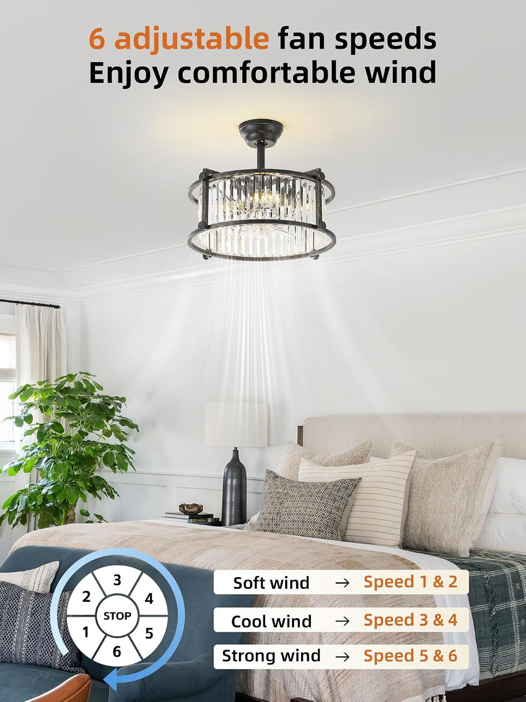 20' Farmhouse Rustic Crystal Fandelier Ceiling Fans with Lights, Black Crystal Industrial Chandelier Ceiling Fan with Light and Remote, Caged with 6 Speeds for Bedroom, Nursery, Living Room