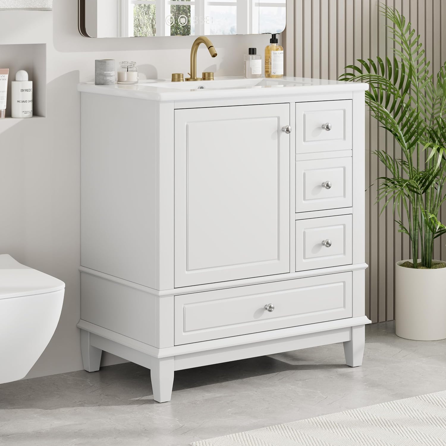 30' Modern Freestanding Bathroom Vanity with Ceramic Sink Top, 3 Drawers & Storage Shelves - MDF & Solid Wood Base