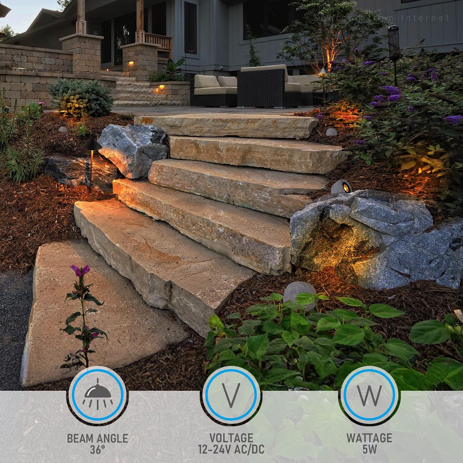 LEONLITE 5CCT LED Rock Lights Outdoor, 5W Low Voltage Landscape Spot Light for Garden, Yard, Decorative Stone Light, 12-24V AC/DC, CRI90, 200lm, IP65 Waterproof, Round, Light Gray, Pack of 4
