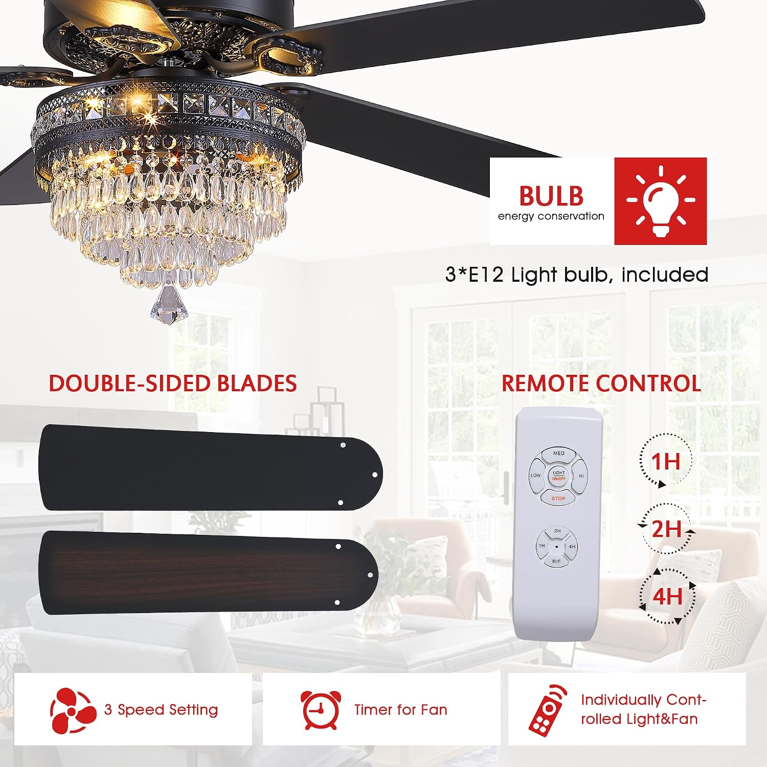 GJeg Crystal Ceiling Fan Fandelier with Lights- Retro Outdoor Fans with Remote Control, Farmhouse Ceiling Fan with Noiseless AC Reversible Motor,Dining Room,Living Room(52' Black)