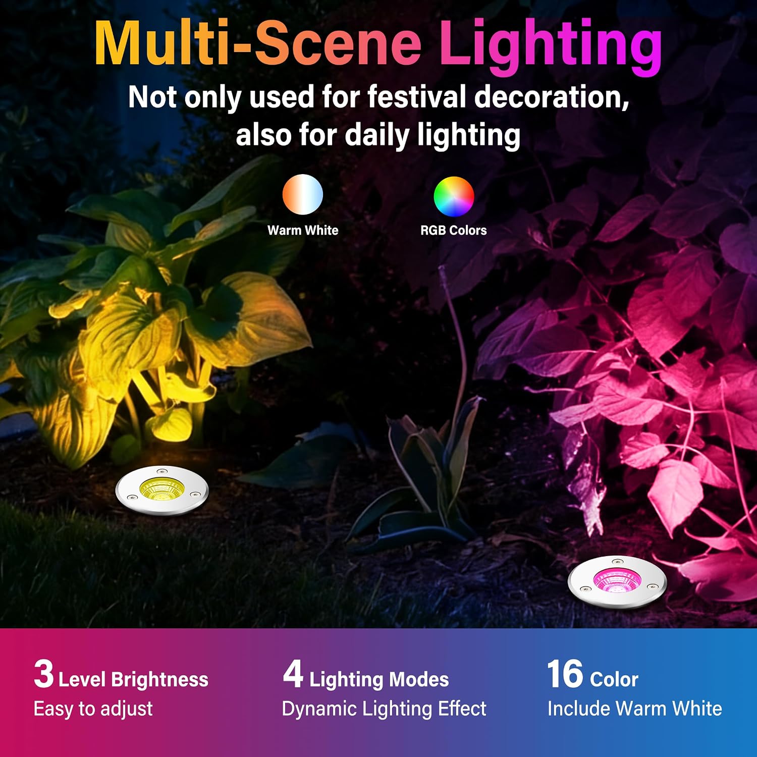 12Pack Low Voltage Outdoor Landscape Lighting RGBW Spotlight,Color Changing Outdoor Ground Light,12Pack IP67 Waterproof Pathway Tree Lights,Low Voltage LED In-Ground Light for Garden Yard