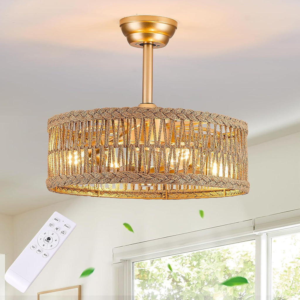 20 inch Gold Semi Flush Mount Rattan Ceiling Fan Light Fixture, Drum Shade with 7 Transparent Blades,Remote Control, E26 Base, Reversible Motor, Farmhouse Boho Style