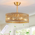 20 inch Gold Semi Flush Mount Rattan Ceiling Fan Light Fixture, Drum Shade with 7 Transparent Blades,Remote Control, E26 Base, Reversible Motor, Farmhouse Boho Style