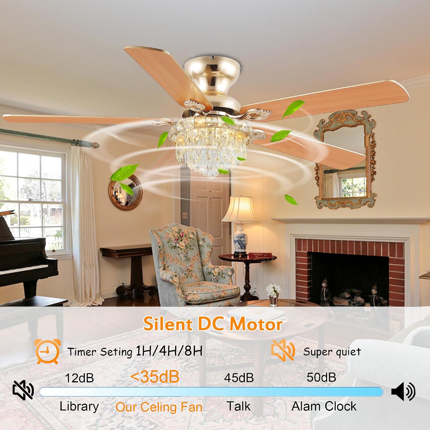GJeg Crystal Ceiling Fan Fandelier with Lights-Ceiling Fans with Remote Control,Modern Ceiling Fan with Noiseless DC Reversible Motor,Dining Room,Living Room(52' Gold)