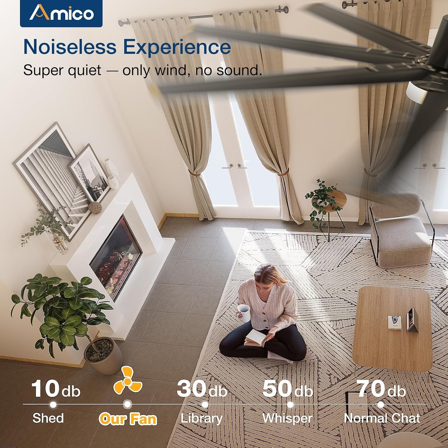 Amico 72 Inch Aluminum Ceiling Fans with Lights, Large Industrial Ceiling Fan with Remote Control, Reversible, 8 Blades, 3CCT, Dimmable, Damp Rated Black Ceiling Fan for Bedroom Patio Indoor/Outdoor