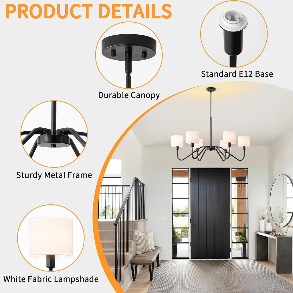 Modern Black 6-Light Chandelier, 39' Pendant Light with White Fabric Shade Adjustable Classic Chandelier Light Fixtures for Kitchen Island Dining & Living Room Entryway