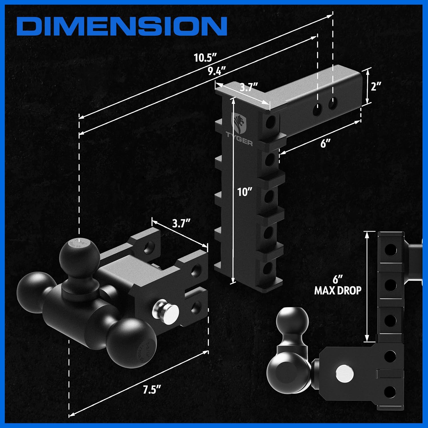Tyger Auto Adjustable Drop Hitch Tri-Ball Mount with 1-7/8', 2' and 2-5/16' Towing Balls | Fits 2' Receivers | EZ-Align System | 12500 lbs GTW | Carbon Steel | Trailers Boats ATVs RVs | TG-DB6U12058
