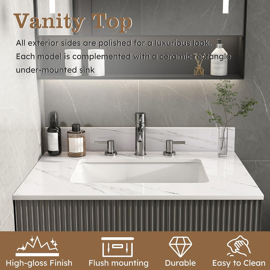 43x22 Marble Bathroom Vanity Top with Sink, Vanity Top with Sink with Pre-drilled Holes and 4' Backsplash, Perfect for Home & Rental Properties