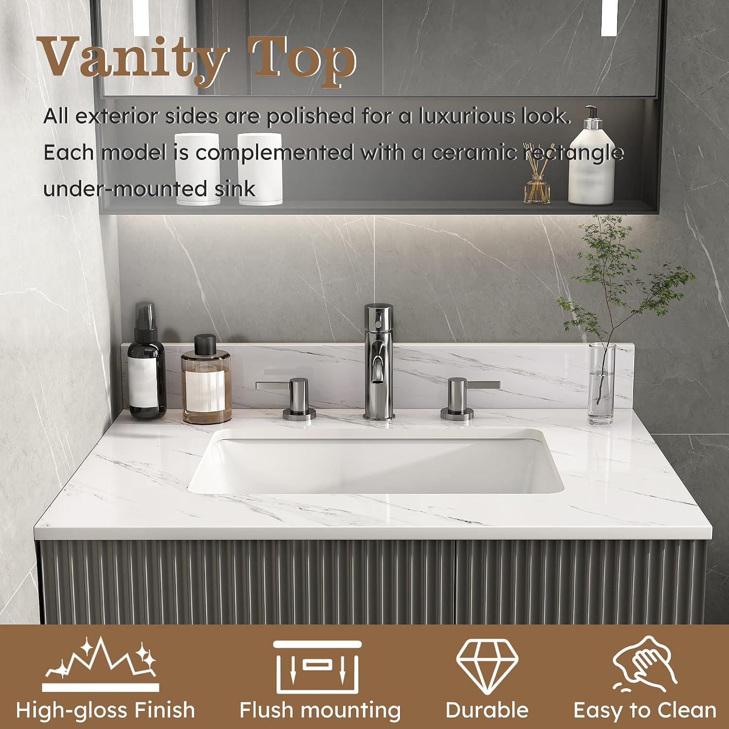 43x22 Marble Bathroom Vanity Top with Sink, Vanity Top with Sink with Pre-drilled Holes and 4' Backsplash, Perfect for Home & Rental Properties