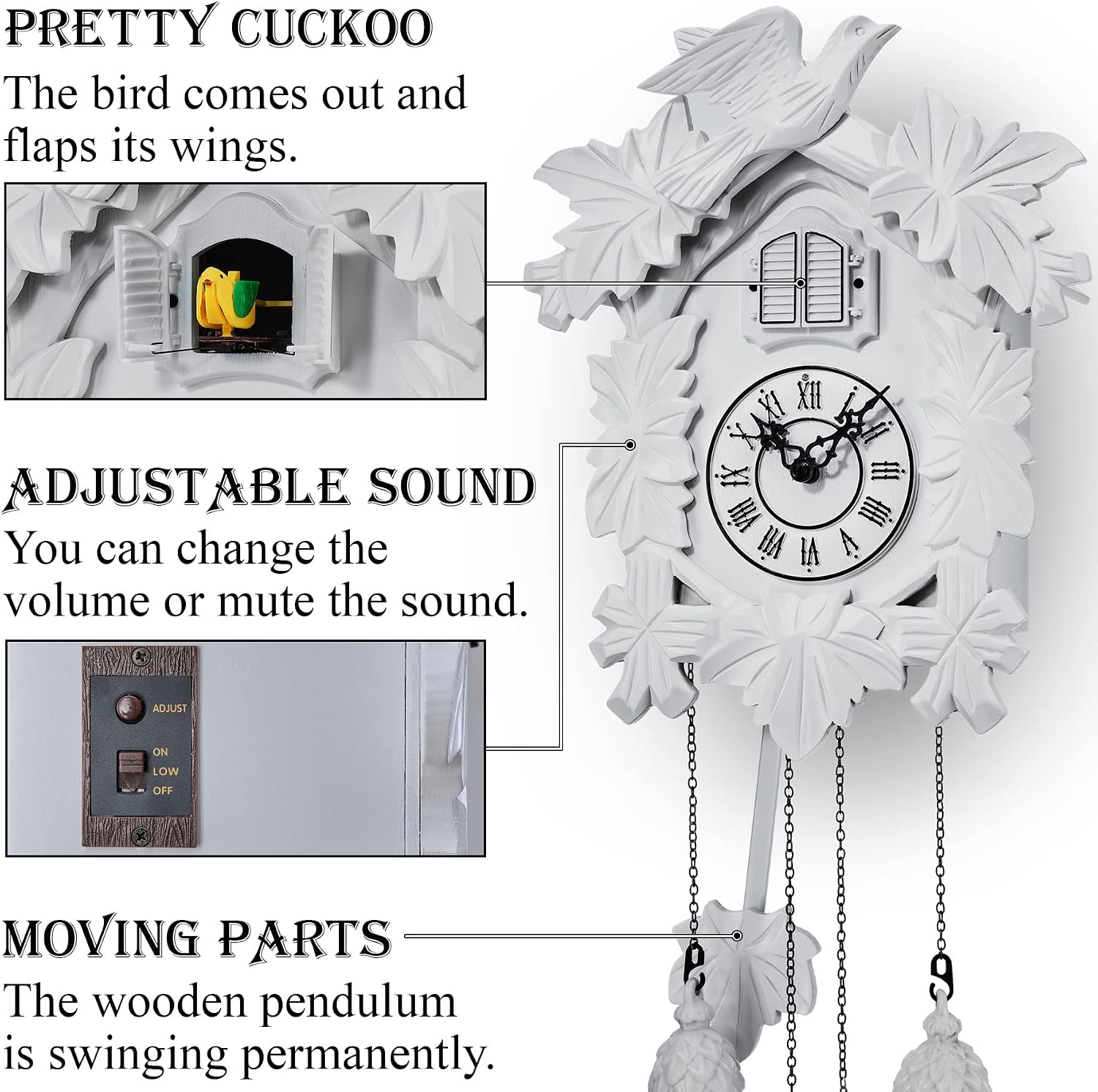 TIMEGEAR Cuckoo Clock with Night Mode, Hand Carved Decorations and Swinging Pendulum (White)