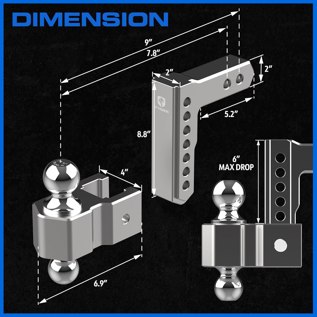 Tyger Auto Adjustable Drop Hitch Dual-Ball Mount with 2' and 2-5/16' Towing Balls | Fits 2' Receivers | 12500 lbs GTW | Aluminum | Trailers Boats ATVs RVs | TG-DB6U12047