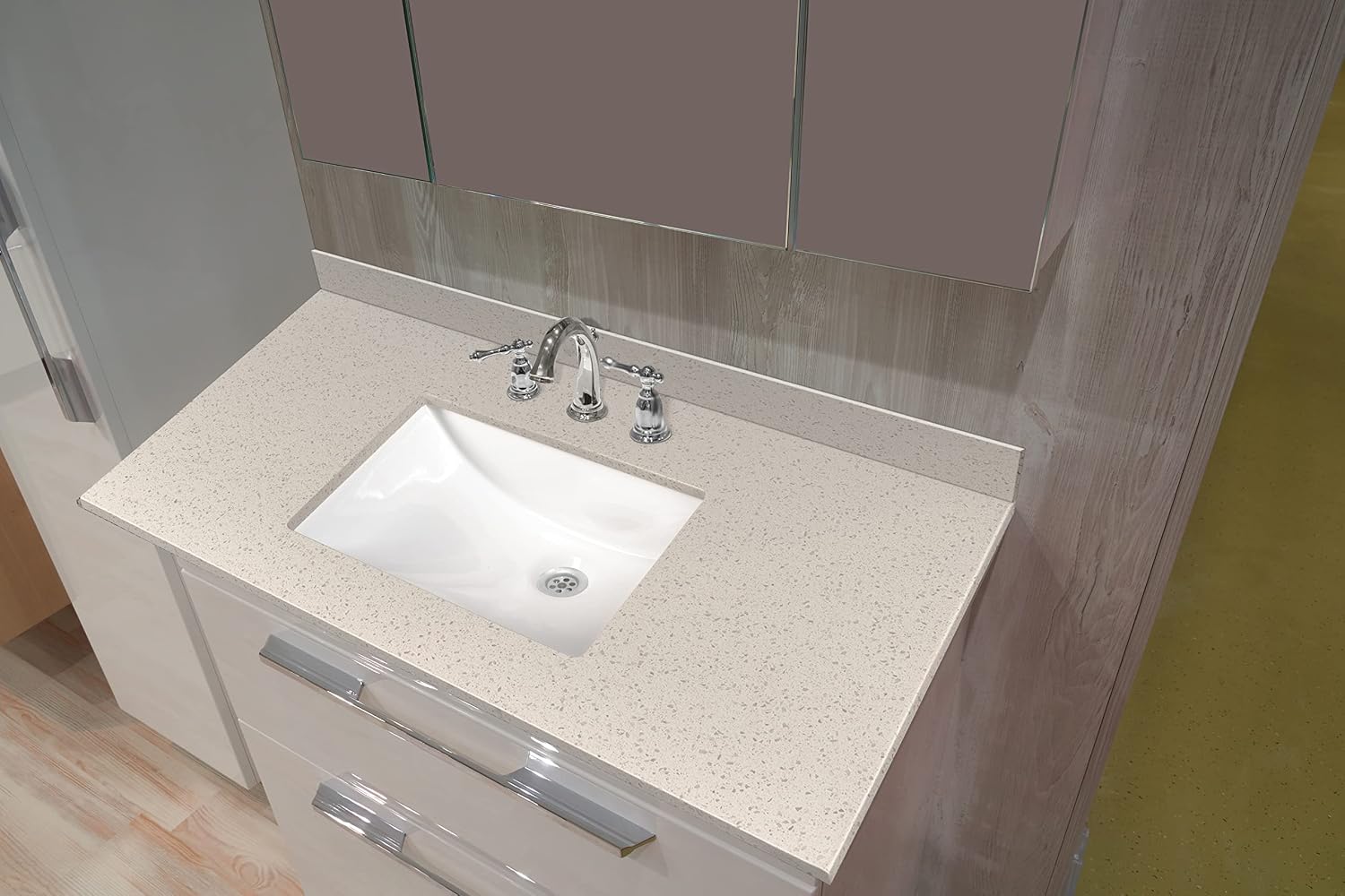MSI Iced White Vanity Top with Under Mount Rectangle Ceramic Sinks, Engineered Marble Stone, 4' CC Faucet Holes, 49'X22'