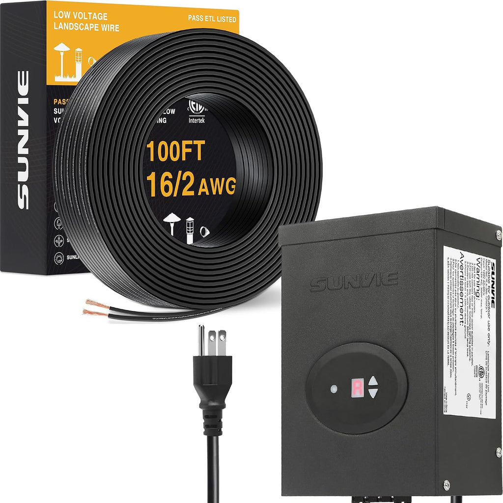 SUNVIE 300W Landscape Lighting Transformer with Timer and Photocell Sensor, 100FT 16/2 Low Voltage Landscape Wire, 120V to 12V/14V AC Outdoor Low Voltage Transformers for Garden Lights