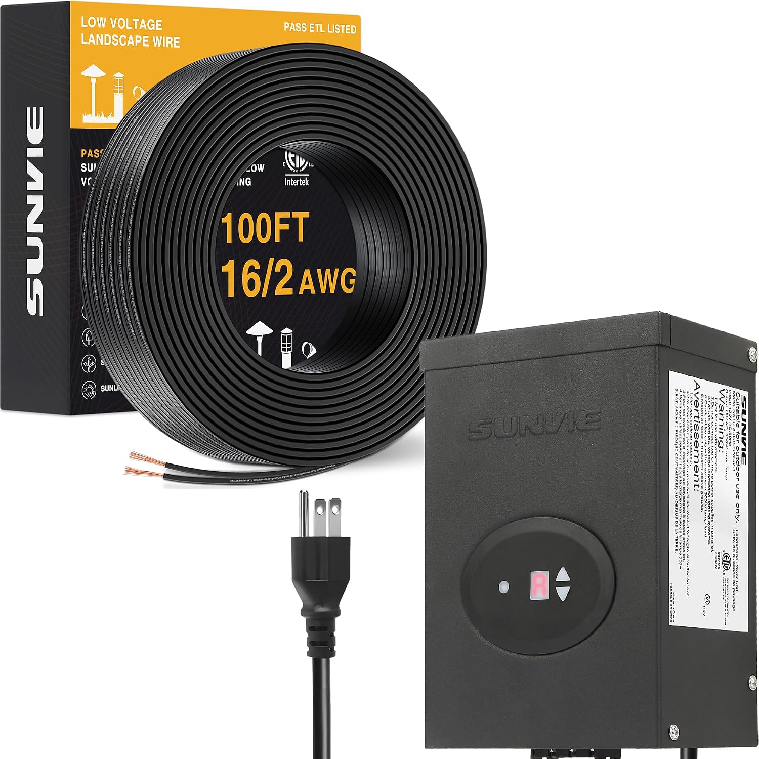 SUNVIE 300W Landscape Lighting Transformer with Timer and Photocell Sensor, 100FT 16/2 Low Voltage Landscape Wire, 120V to 12V/14V AC Outdoor Low Voltage Transformers for Garden Lights