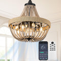 Bohemian Empire Style Chandelier Fan with 64 Wood Bead Strands, 7-Blade Invisible, Remote/APP Control, 20'' Ceiling Light Fixture for Living Room Bedroom Dining (Black, 20'' Boho Style)