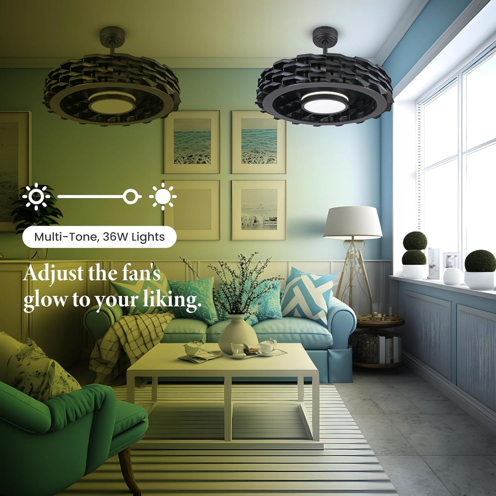 Bladeless Ceiling Fan with Lights & Remote – LUMIO 28' Low-Profile Downrod or Flush Mount Ceiling Fan with Lights for Bedroom & More – Dimmable LED, Night Light & Wi-Fi Connect, Black