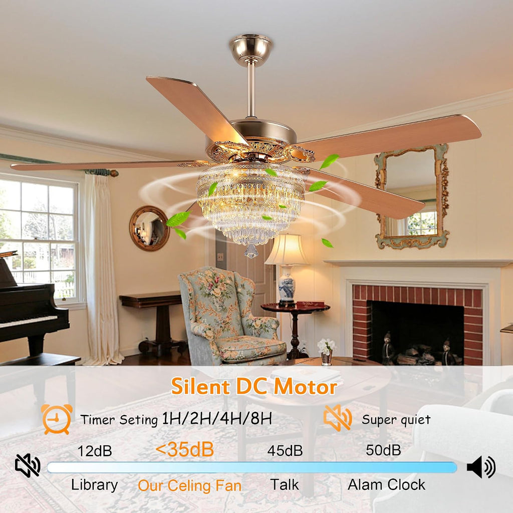 GJeg Crystal Ceiling Fan Fandelier with Lights - Retro Outdoor Fans with Remote Control, Farmhouse Ceiling Fan with Noiseless DC Reversible Motor,Dining Room,Living Room(62' Gold)