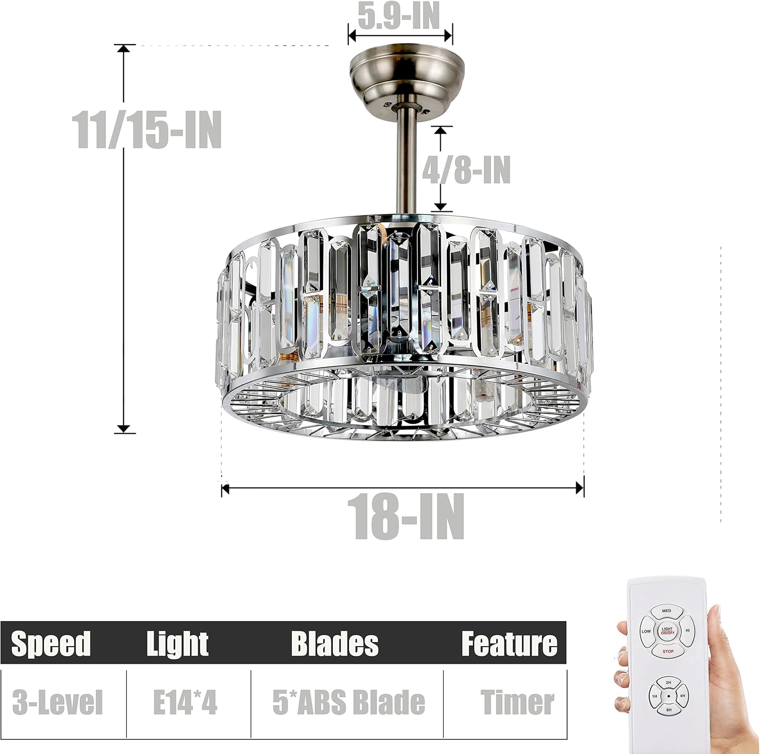 Fandian 18' Industrial Caged Ceiling Fan with Light,Bladeless Fan with 3 Speeds, Farmhouse Crystal Fandelier with Remote Control, Chrome Silver Chandelier Fan for Dining Bedroom