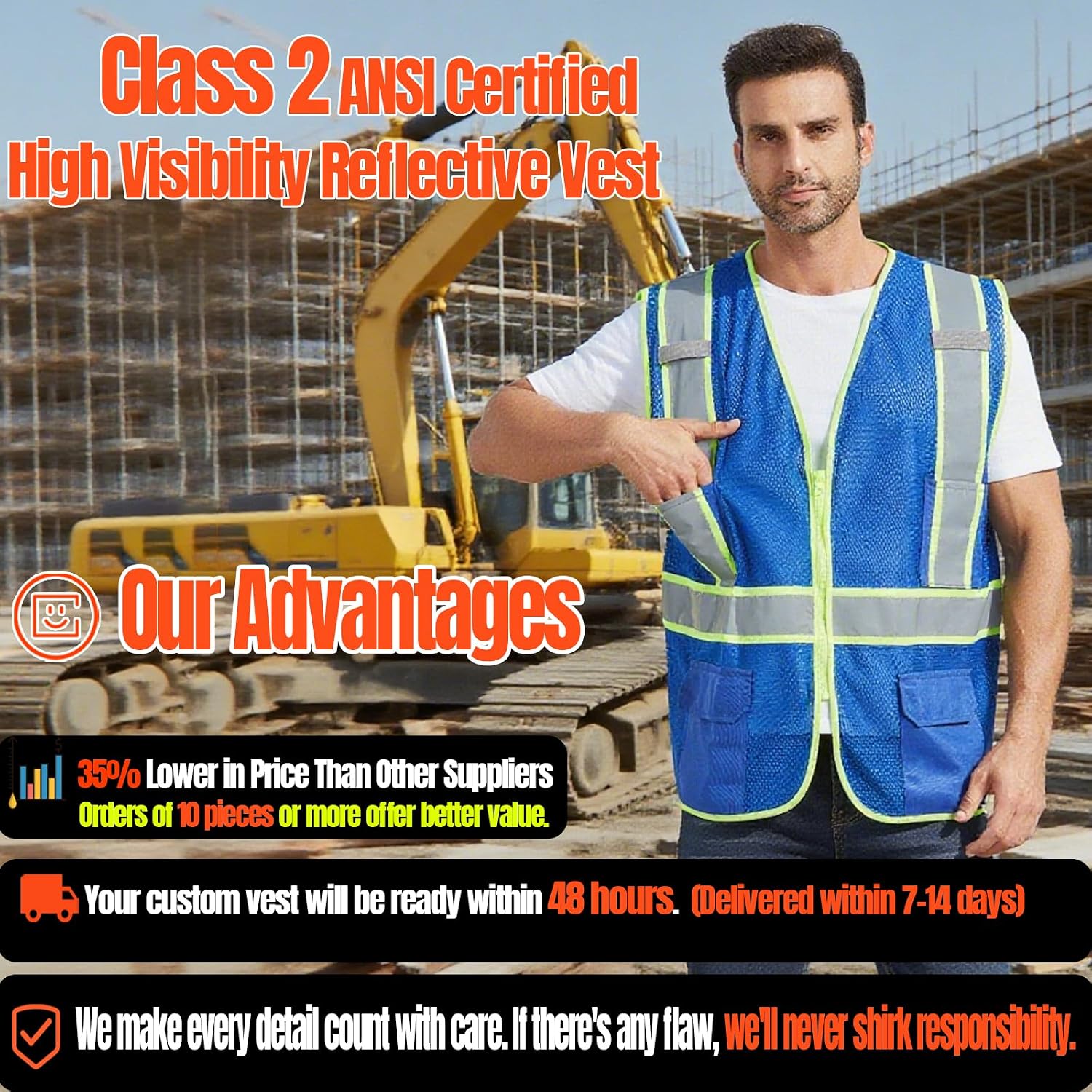 BeautyWill Custom Safety Vest Customized Logo Class 2 High Visibility Reflective Vest with Pockets Construction workwear