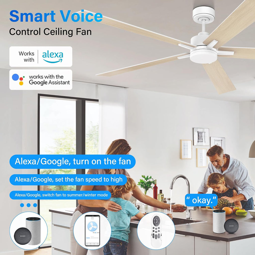 72' Large Smart Ceiling Fan with Lights Remote,Silent DC Motor,Control via Voice Alexa Google App,Outdoor Indoor Modern Ceiling Fans for Large Living Room Patios Decks,5 Blades in White & Light Wood