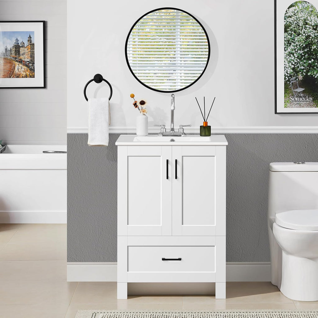 Yaheetech 24.5' Modern Bathroom Vanity with Ceramic Basin, Undermount Vanity Sink Cabinet with 2 Doors and 1 Drawer, Free Standing Bathroom Storage Cabinet with Sink Combo Set, White