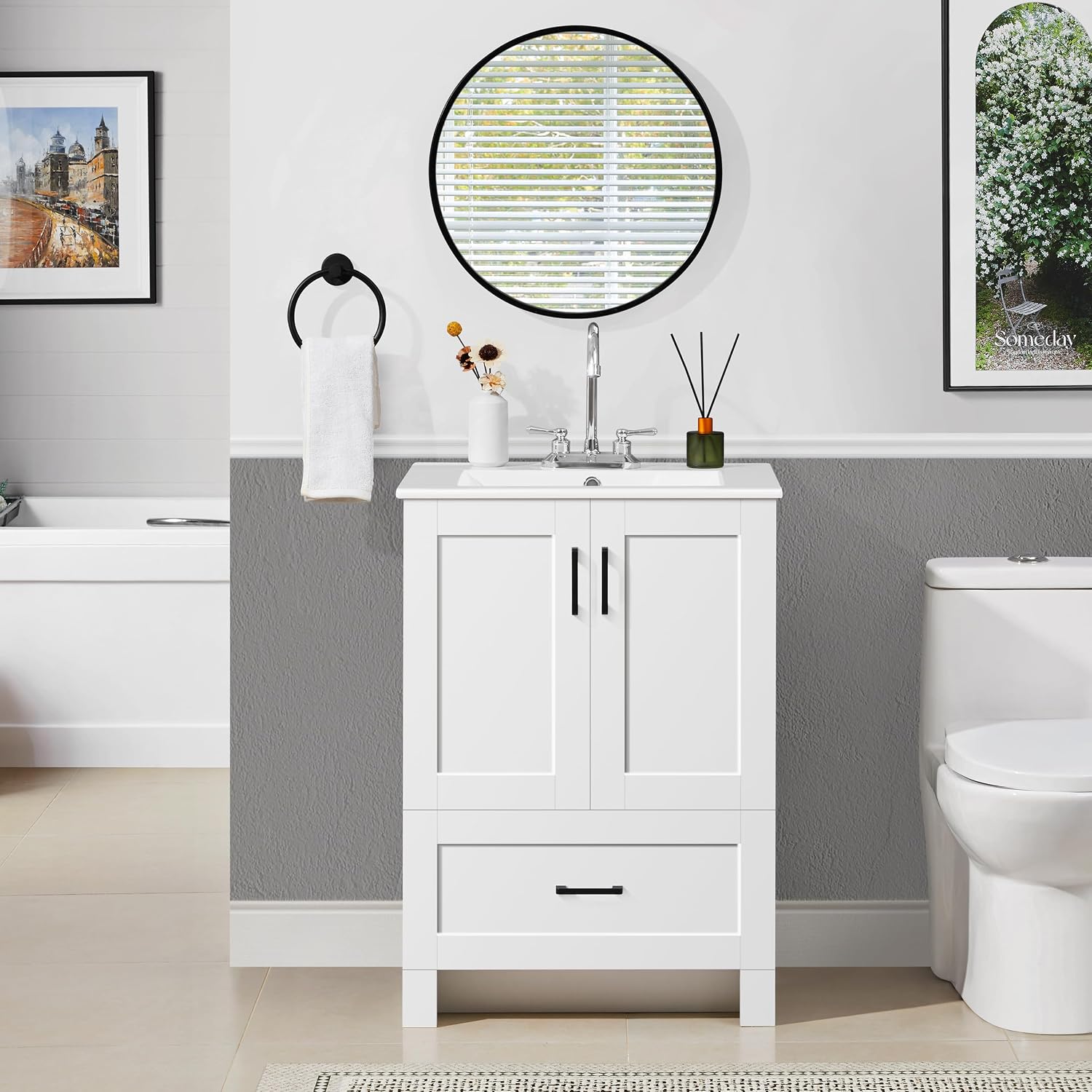 Yaheetech 24.5' Modern Bathroom Vanity with Ceramic Basin, Undermount Vanity Sink Cabinet with 2 Doors and 1 Drawer, Free Standing Bathroom Storage Cabinet with Sink Combo Set, White
