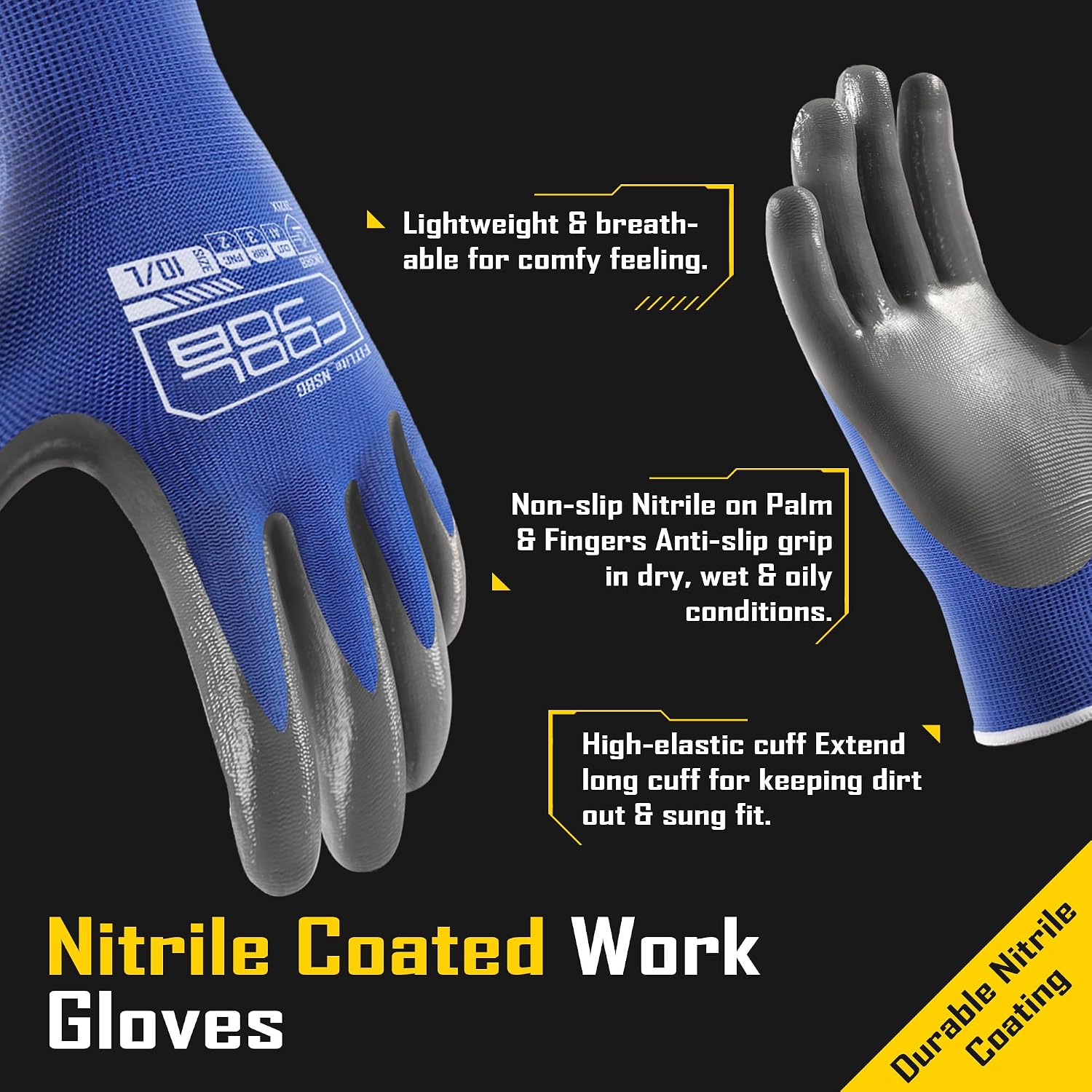 COOLJOB 120 Pairs Safety Work Gloves with Grip, Anti-slip Rubber Coated Garden Gloves for Men, Bulk Package