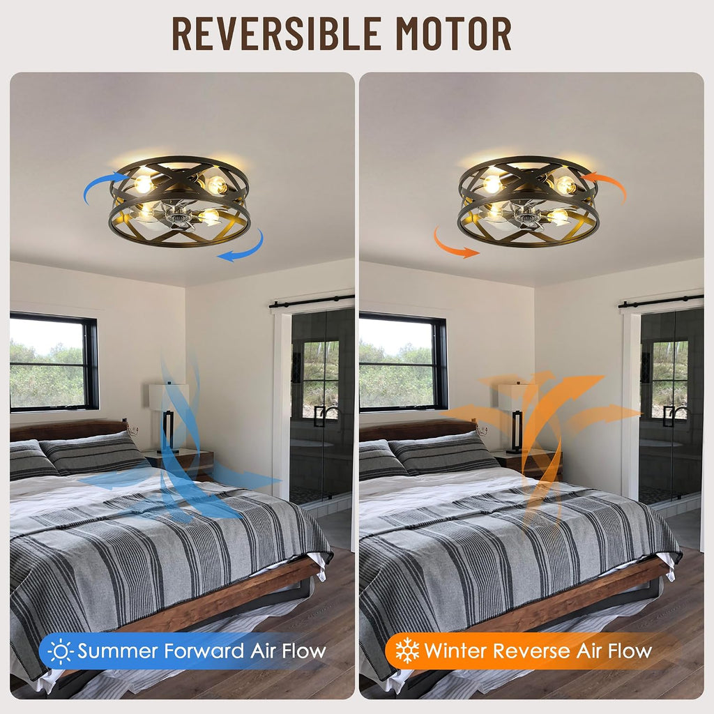 20'' Caged Ceiling Fan with Light,6 Speed Reversible DC Motor,4 E26 Bulb Base,1/2/4H Timer,Industrial Flush Mount Low Profile Ceiling Fan with Remote Control for Bedroom Living Room