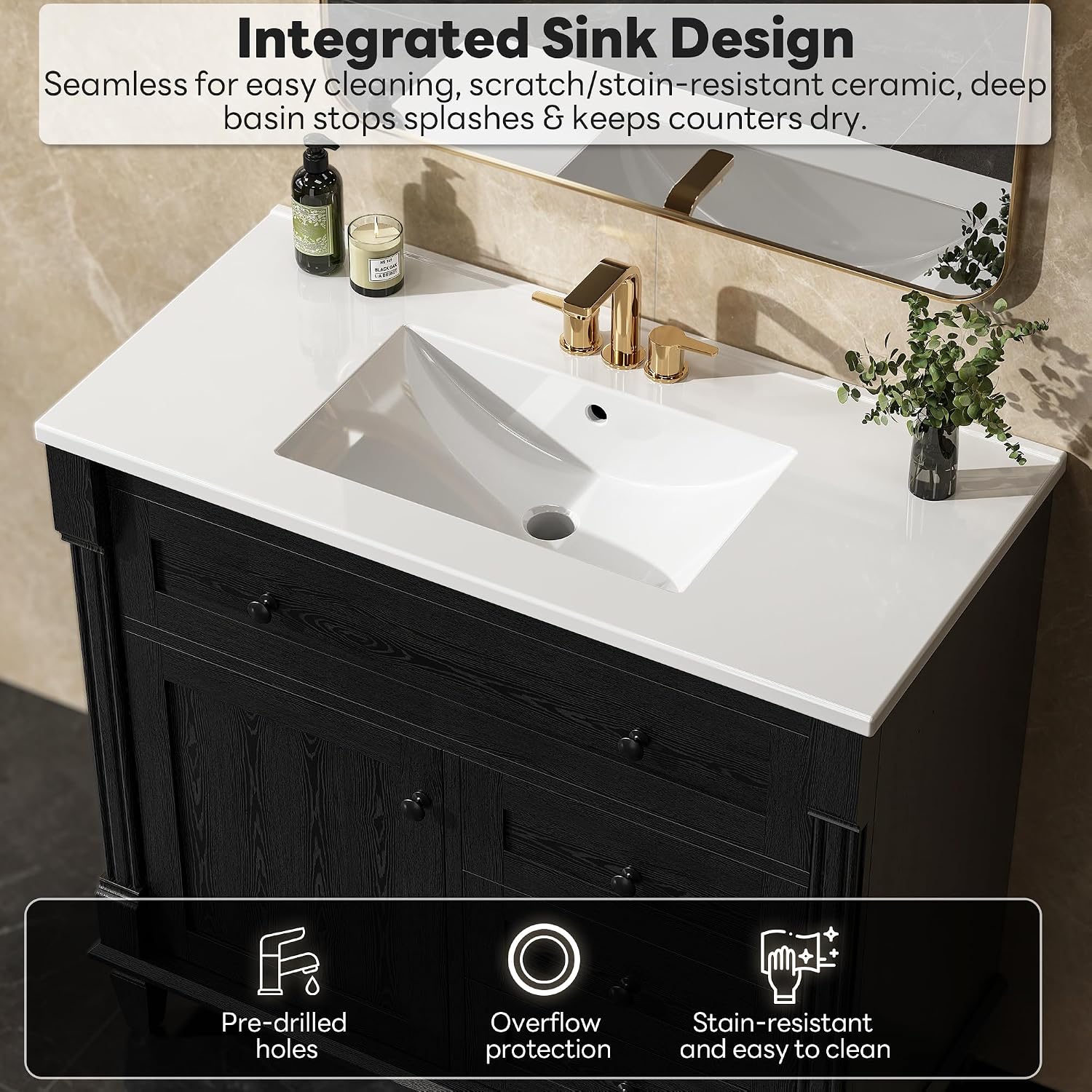 LIKIMIO 36 Inch Bathroom Vanity with Sink, Towel Holder & Adjustable Solid Wood Legs for Uneven Floor, Modern Bathroom Storage Cabinet with Tip-Out Drawer, 2 Drawers & Adjustable Shelf, Black