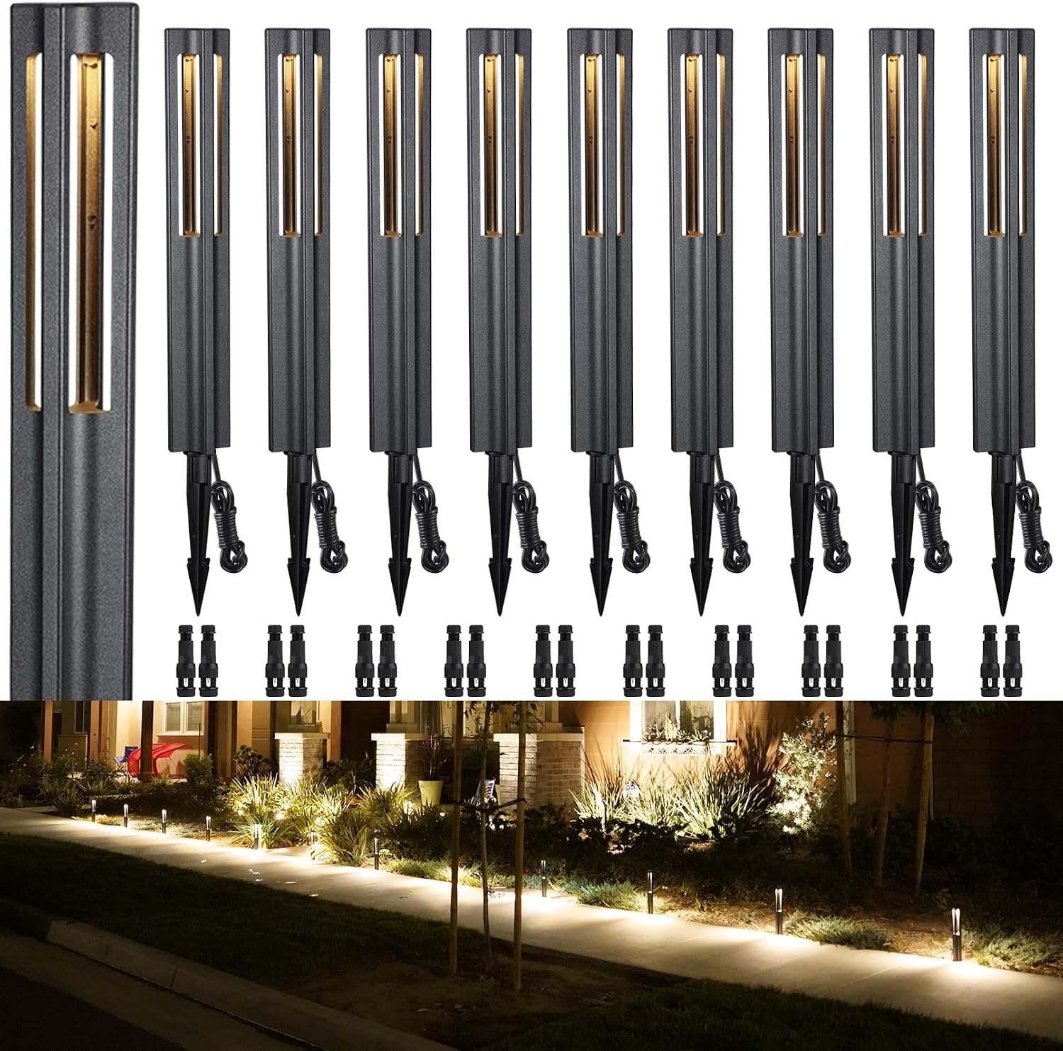 LEONLITE 10-Pack Low Voltage Path Lights, 3W LED Landscape Pathway Lights, Outdoor Landscape Lighting for Driveway, Garden, Aluminum, 12-24V AC/DC, ETL, IP65 Waterproof, 3000K Warm White, Black