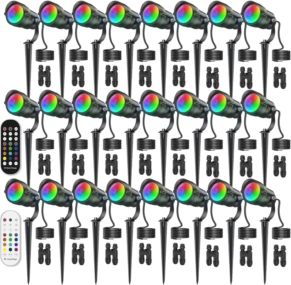 HIBOITEC RGBWW Low Voltage Landscape Lighting 24Pack 12W with Remote Connectors Spotlights Landscape Lights 12-24V AC/DC Waterproof for House Yard Trees Outdoor Christmas(Transformers NOT Included)