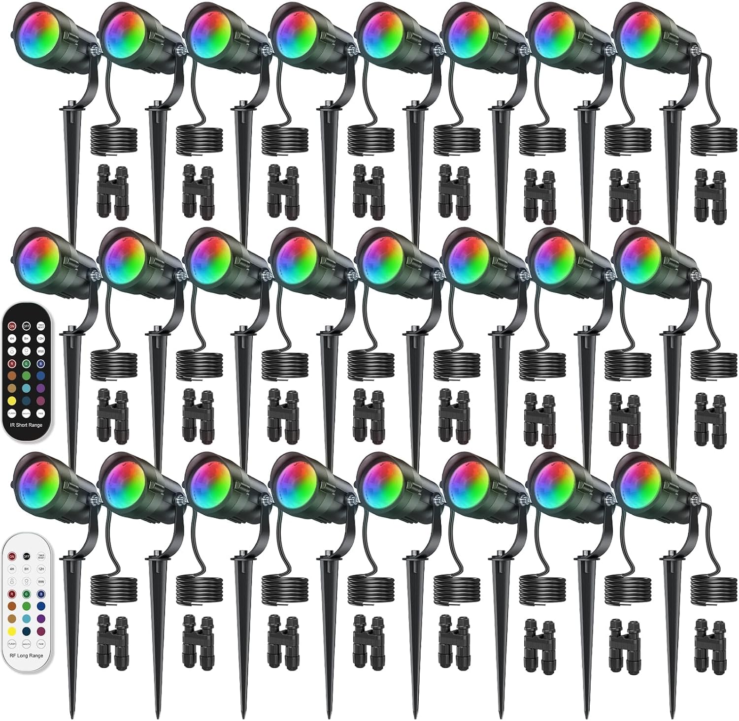 HIBOITEC RGBWW Low Voltage Landscape Lighting 24Pack 12W with Remote Connectors Spotlights Landscape Lights 12-24V AC/DC Waterproof for House Yard Trees Outdoor Christmas(Transformers NOT Included)