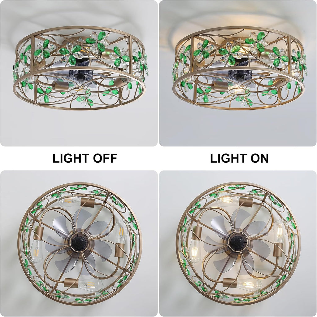 Ceiling Fans with Lights and Remote Flower Crystal Low Profile Ceiling Fan Bedroom Fan w. 6 Speeds Reversible Motor Bladeless Flush Mount Fan Light for Living Room ,Dinning Room,Entrance,Gold