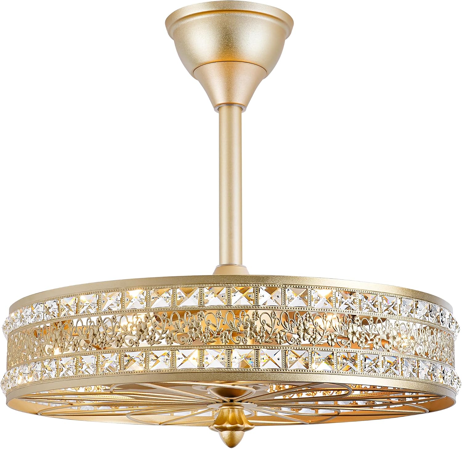 24 Inch Fandelier Ceiling Fan with Light and Remote, Luxury Crystal French Rococo Chandelier Fan, Bladeless Enclosed Caged Pendant Light Fixture for Living Room, Bedroom, Dining Room, Kitchen Island