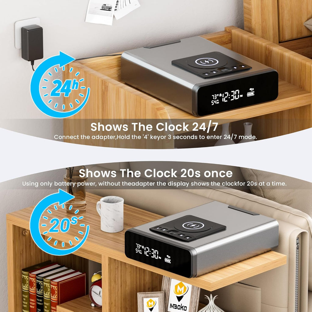 Mboko Biometric Discreet Gun Safe with 12-Hour Time Clock Display, Wireless Charging Pistol Safe for Handgun with Adjustable Brightness, Backlit Keypad, LED Light, Gifts for Mother's Day（Gray）