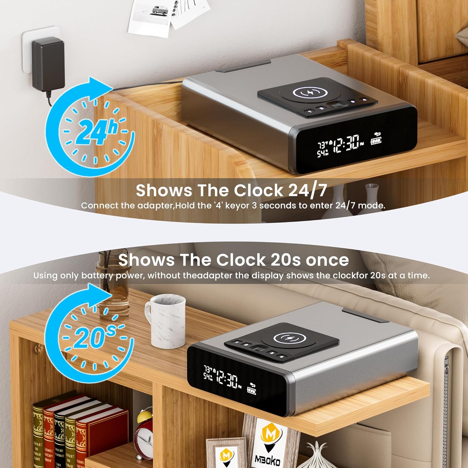 Mboko Biometric Discreet Gun Safe with 12-Hour Time Clock Display, Wireless Charging Pistol Safe for Handgun with Adjustable Brightness, Backlit Keypad, LED Light, Gifts for Mother's Day（Gray）