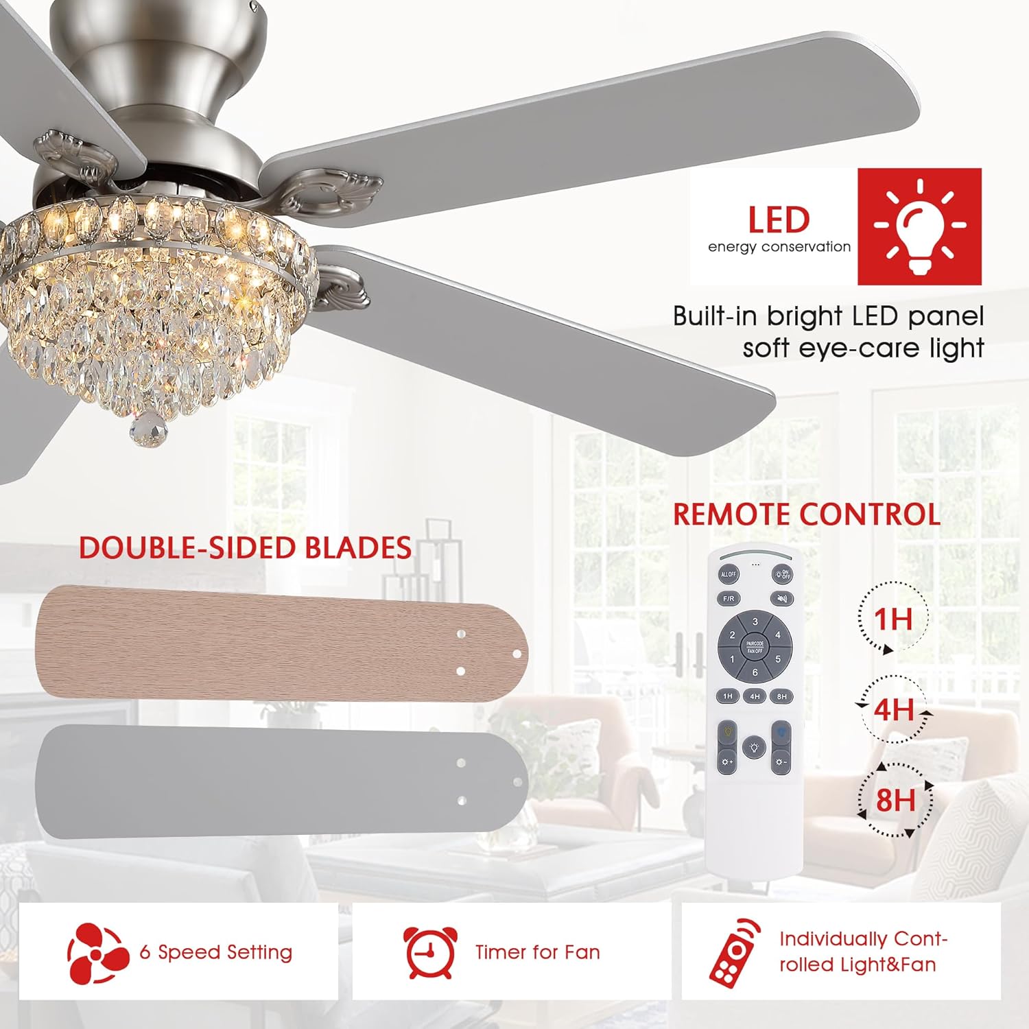 GJeg Crystal Ceiling Fan Fandelier with Lights-Ceiling Fans with Remote Control,Modern Ceiling Fan with Noiseless DC Reversible Motor,Dining Room,Living Room(52' Nickel)