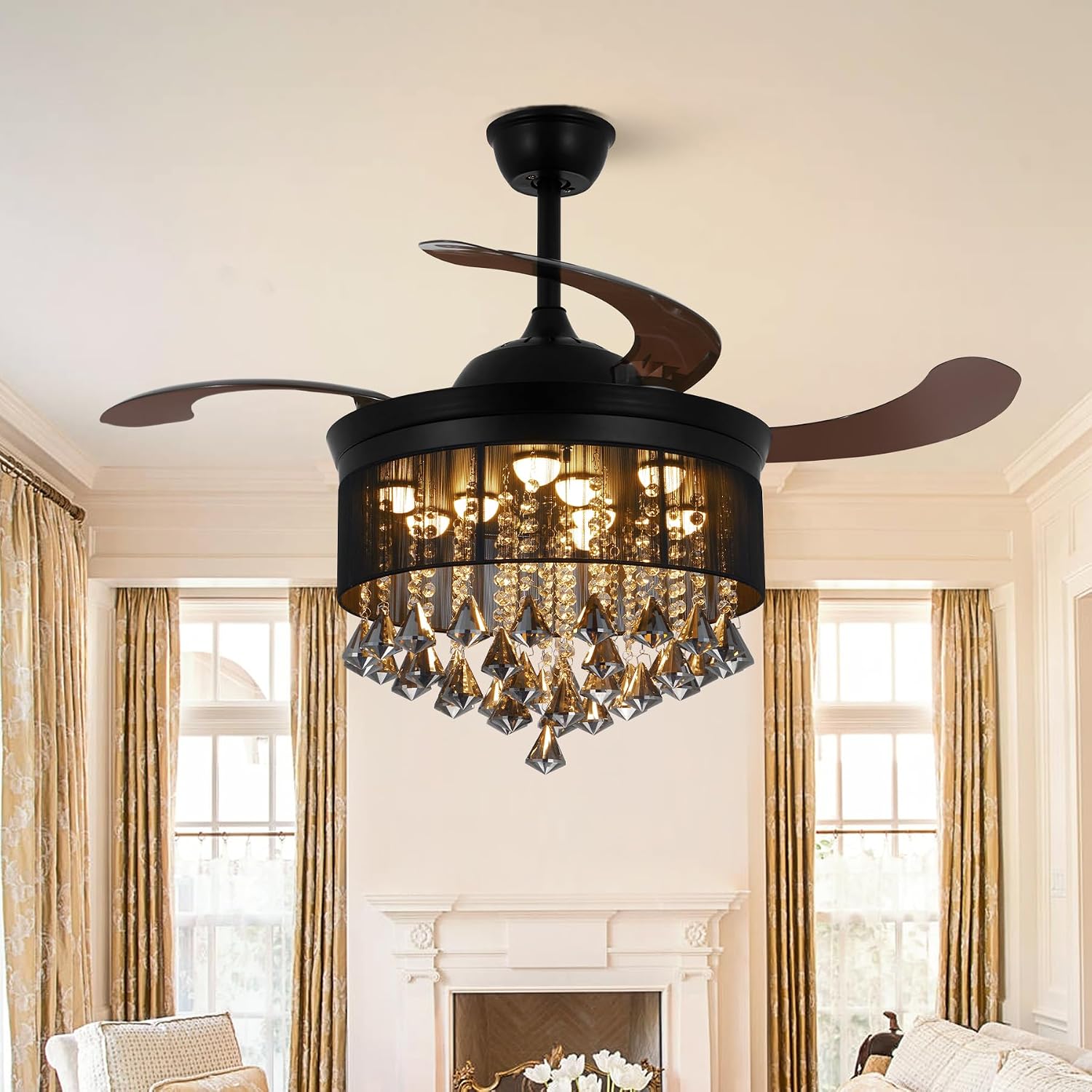 42' Black Luxury Crystal Ceiling Fan with Light 3 Color 3 Speed Modern Chandelier Fan with Remote Control Retractable Blades Fandelier for Living Room Bedroom