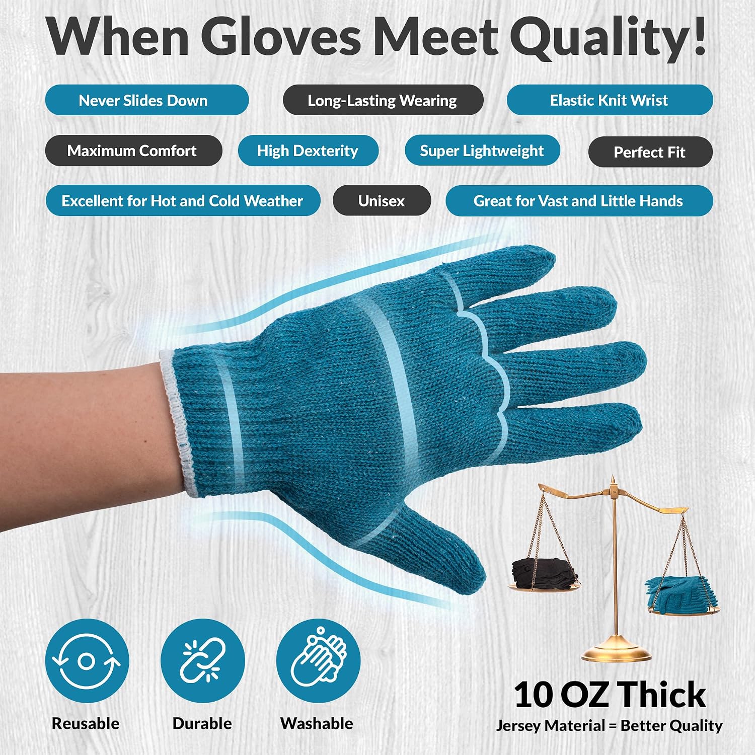 String Knit Work Gloves, Cotton Polyester Blend, Blue Gray 10 Inch, Reusable Knit Gloves for Gardening and Work