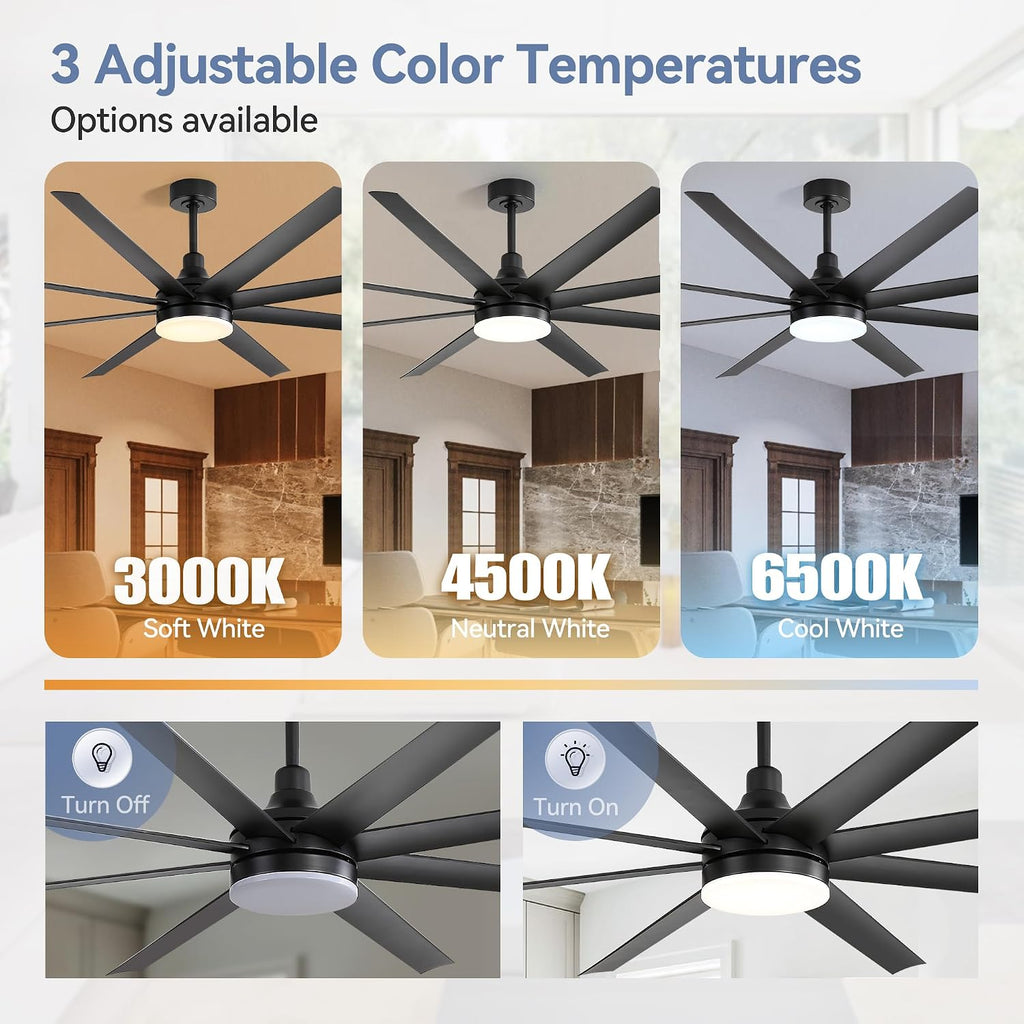 72 inch Ceiling Fans with Lights and Remote, 8 Reversible Blades, 6-Speed Quiet DC Motor, Timer, 3 Color LED Light, 2 Downrods, Industrial Black Indoor Ceiling Fan Fandeliers for Bedroom Living Room