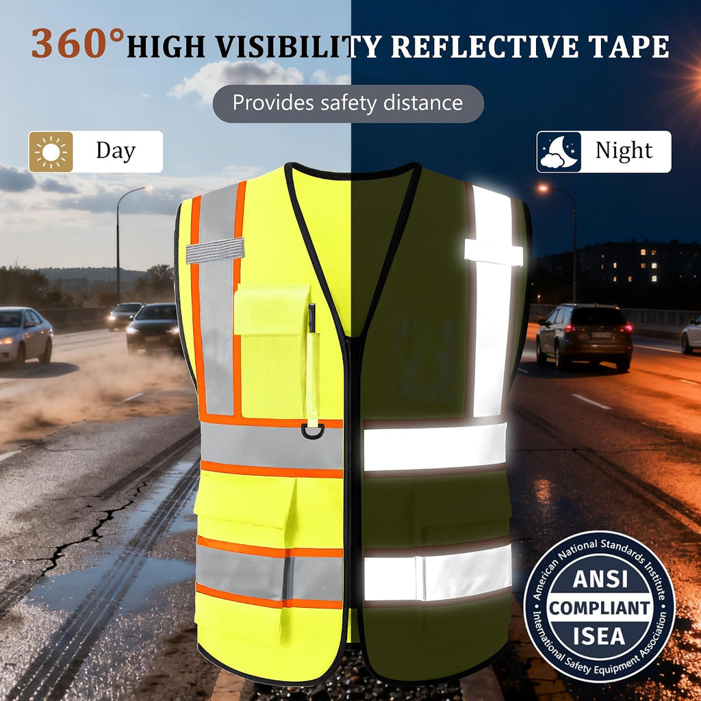 Custom Safety Vest with Logo, High Visibility Reflective Personalized Vest with Pockets and Zipper for Men Women Work