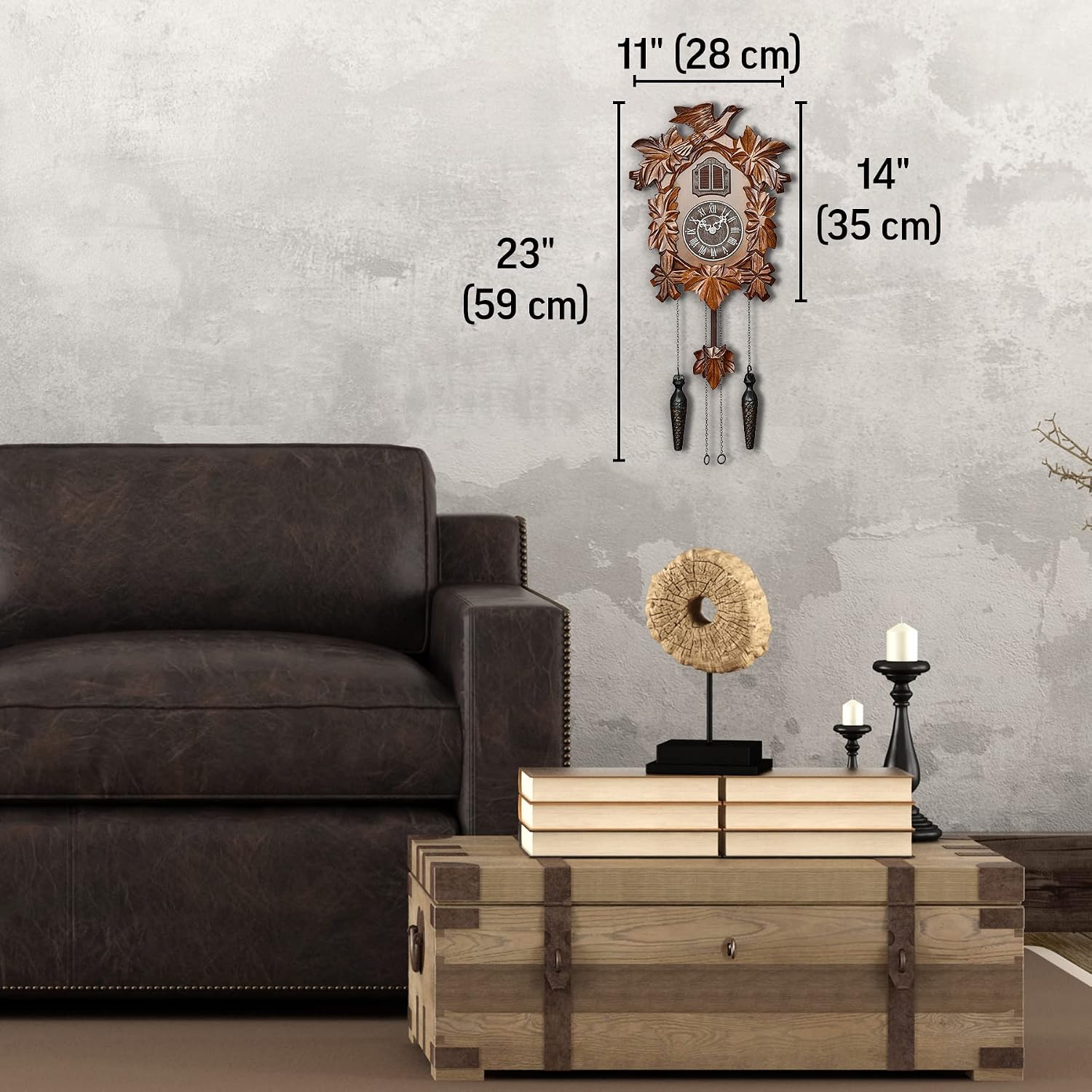 TIMEGEAR Cuckoo Clock with Night Mode, Hand Carved Decorations and Swinging Pendulum (Brown)