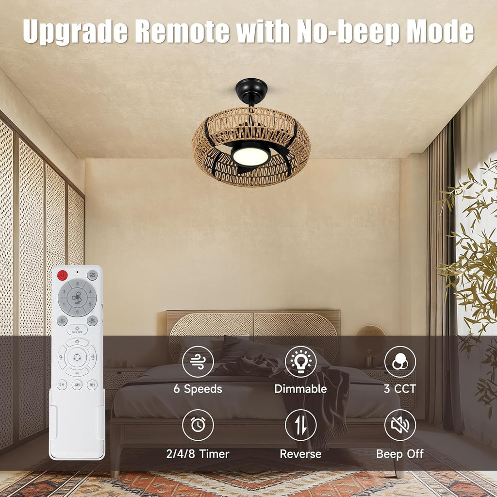 ocioc 20' Caged Ceiling Fans with Lights and Remote,Fandelier Ceiling Fan with Light,Bladeless,Quiet Reversible DC Motor,Rattan Boho Ceiling Fan for Bedroom,Living Room