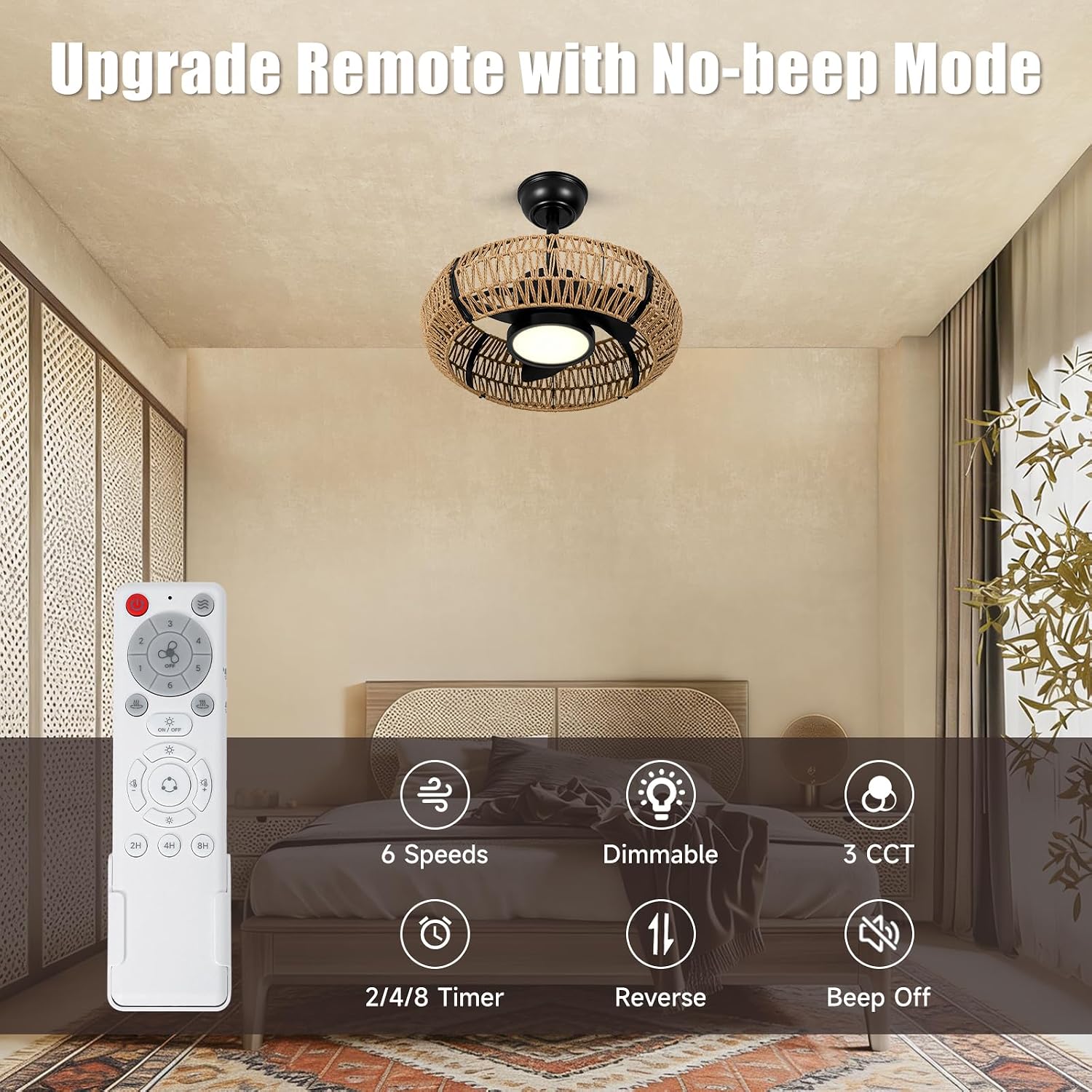 ocioc 20' Caged Ceiling Fans with Lights and Remote,Fandelier Ceiling Fan with Light,Bladeless,Quiet Reversible DC Motor,Rattan Boho Ceiling Fan for Bedroom,Living Room