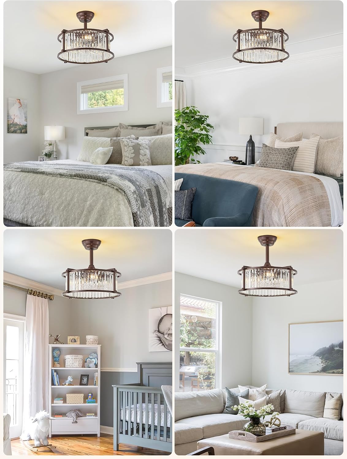 20' Farmhouse Rustic Crystal Fandelier Ceiling Fans with Lights, Brown Crystal Industrial Chandelier Ceiling Fan with Light and Remote, Caged with 6 Speeds for Bedroom, Nursery, Living Room