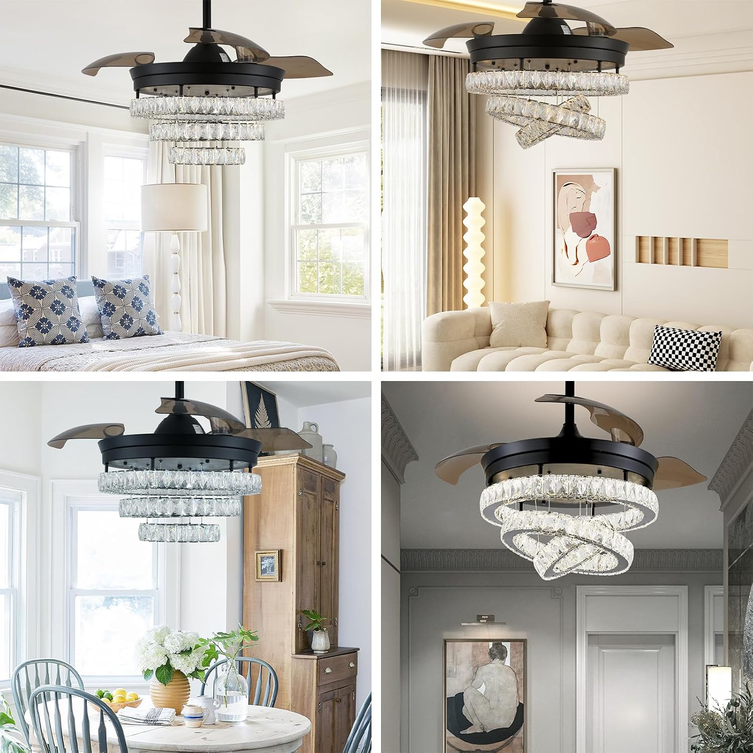 42' Black Fandeliers with Lights Dimmable LED Crystal Ceiling Fan Individual 3 LED Color Change with Timi Memory Function