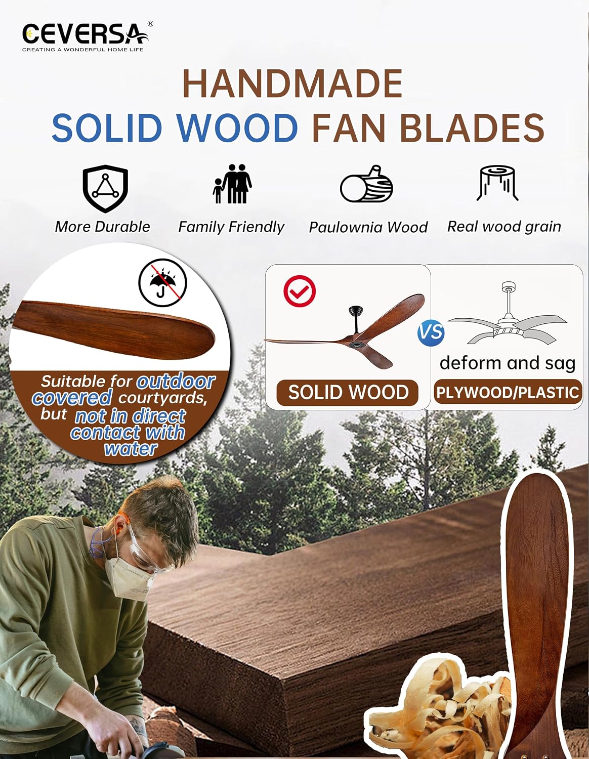 72 Inch Outdoor Ceiling Fan no Light,Solid Wood Ceiling Fans Without Lights with Remote Control/Wall Control,Large 3 Blades Walnut Propeller for Patio,Porch,Living Room,Bedroom,Farmhouse