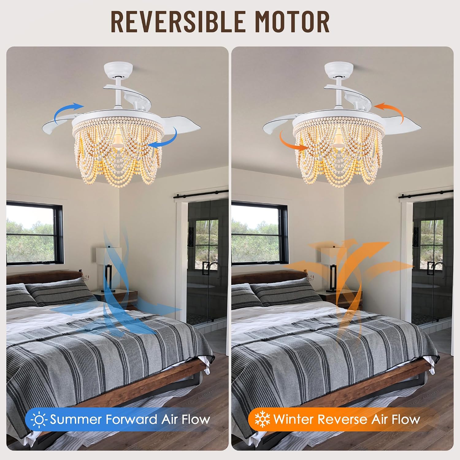 42'' Retractable Ceiling Fans with Lights and Remote,Bohemian Ceiling Fans with Wooden Beads,E26 Metal Bulb Base,6 Speeds Reversible Bladeless Ceiling Fan for Bedroom Living Room Kitchen