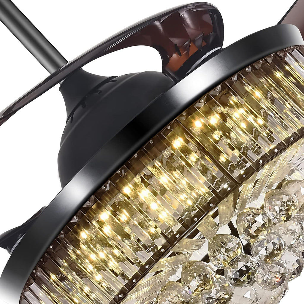 42' Modern Black Luxury Crystal Ceiling Fan with Light 3 Color 3 Speed Chandelier Fan with Remote Control Retractable Blades Fandelier for Living Room Bedroom